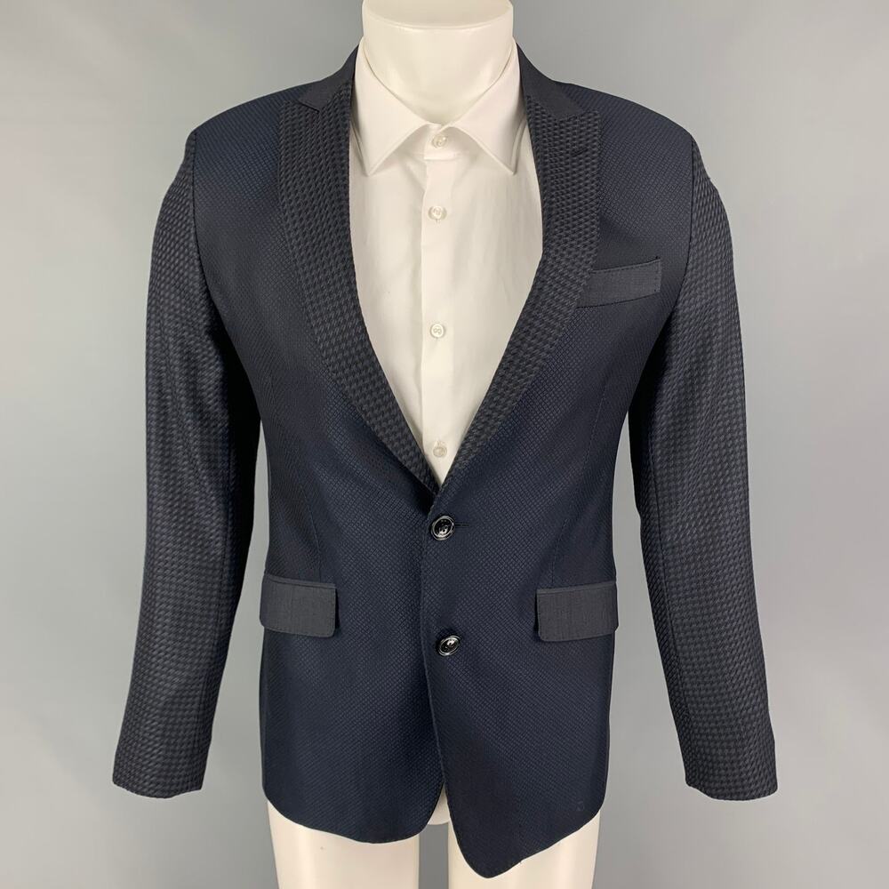 ETRO Size 38 Black Navy Mixed Fabrics Wool Peak Lapel Sport Coat